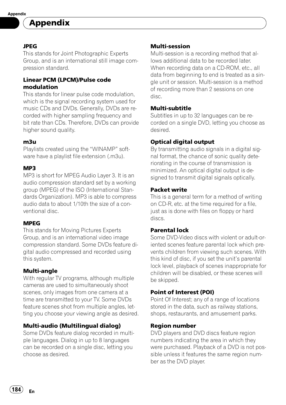 Appendix | Pioneer SUPERTUNERD AVIC-N5 User Manual | Page 184 / 188