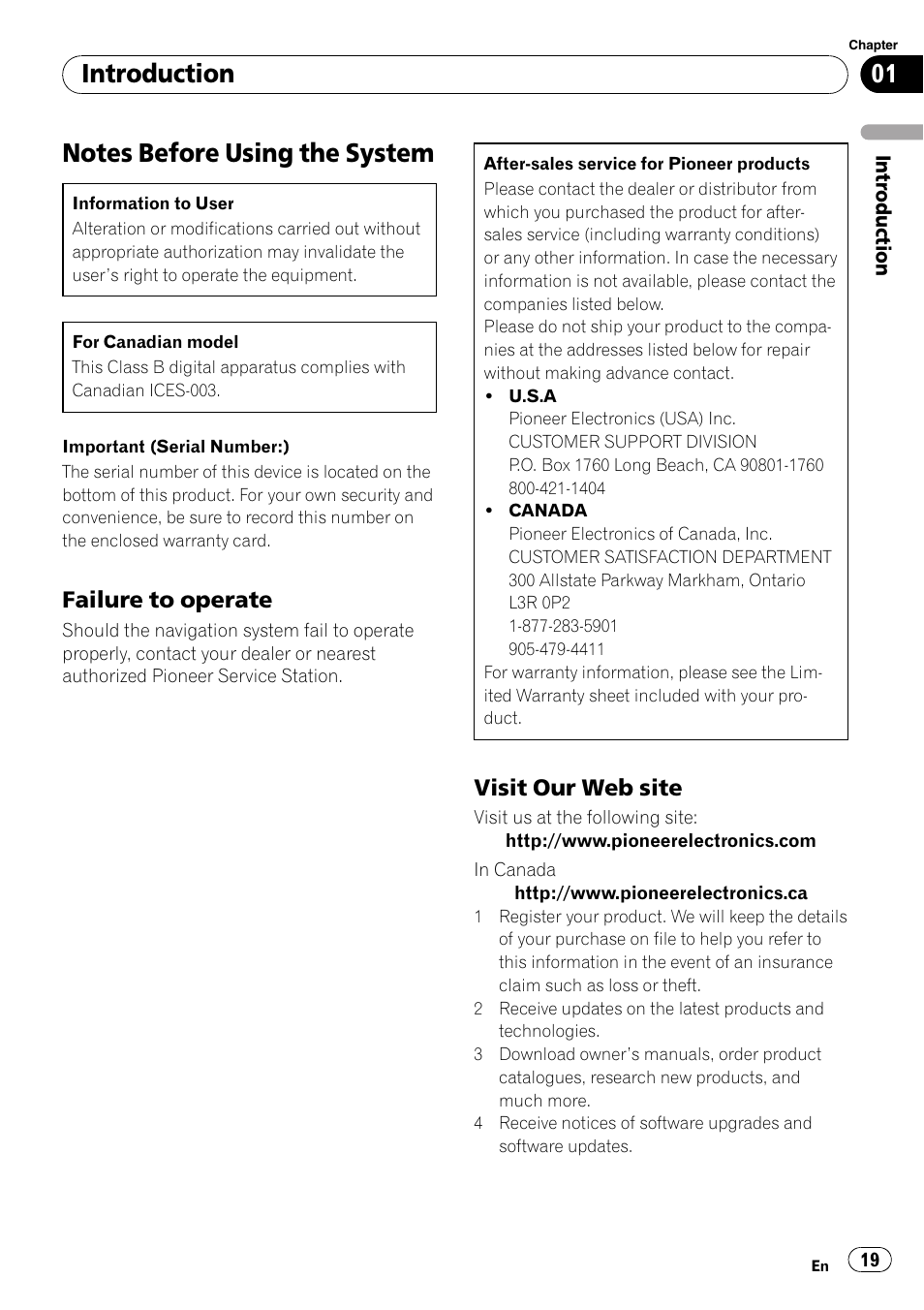 Notes before using the system, Failure to operate 19, Visit our web site 19 | Introduction, Failure to operate, Visit our web site | Pioneer SUPERTUNERD AVIC-N5 User Manual | Page 19 / 188