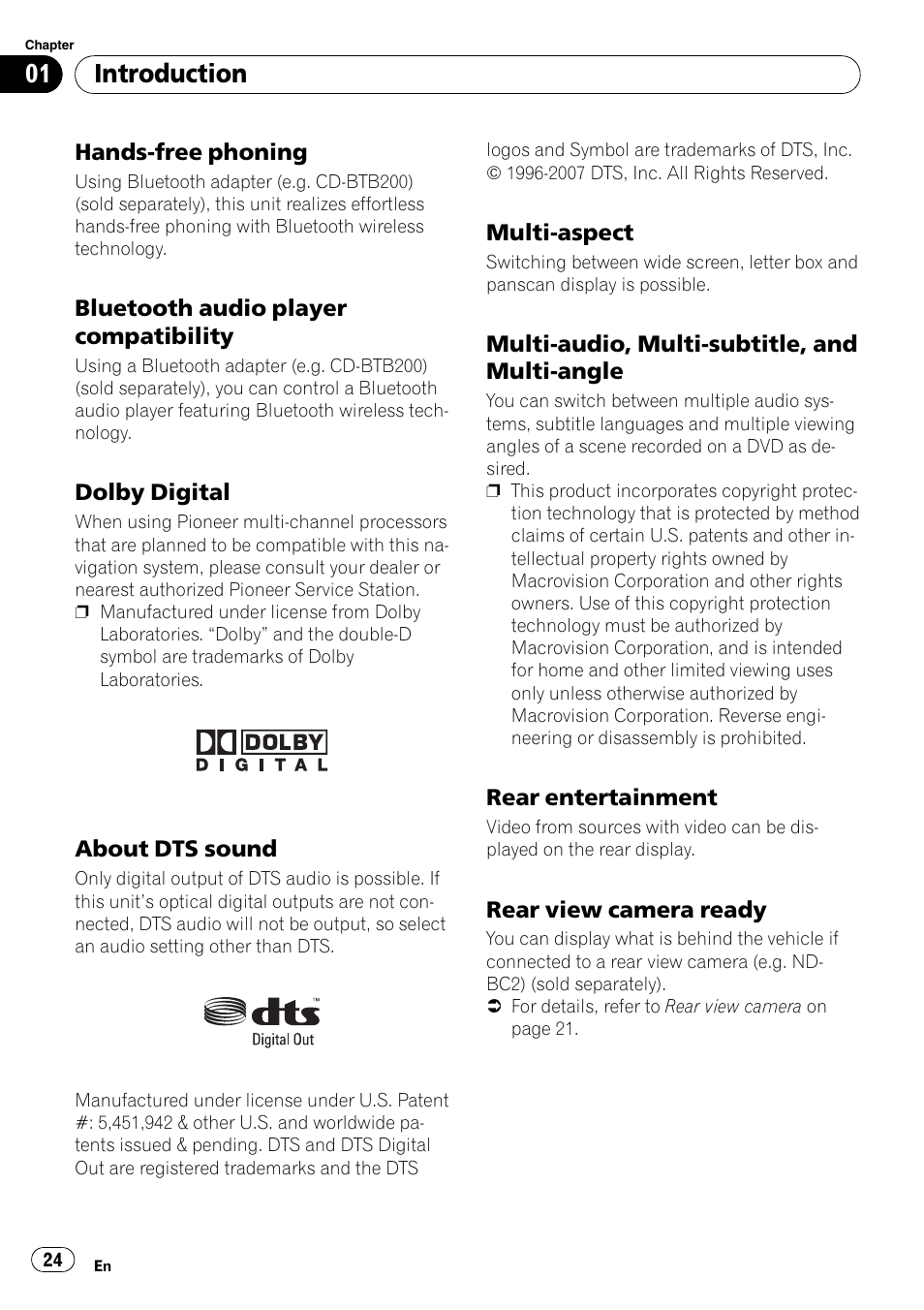 Hands-free phoning 24, Bluetooth audio player, Compatibility | Dolby digital 24, About dts sound 24, Multi-aspect 24, Multi-audio, multi-subtitle, and multi, Angle, Rear entertainment 24, Rear view camera ready 24 | Pioneer SUPERTUNERD AVIC-N5 User Manual | Page 24 / 188