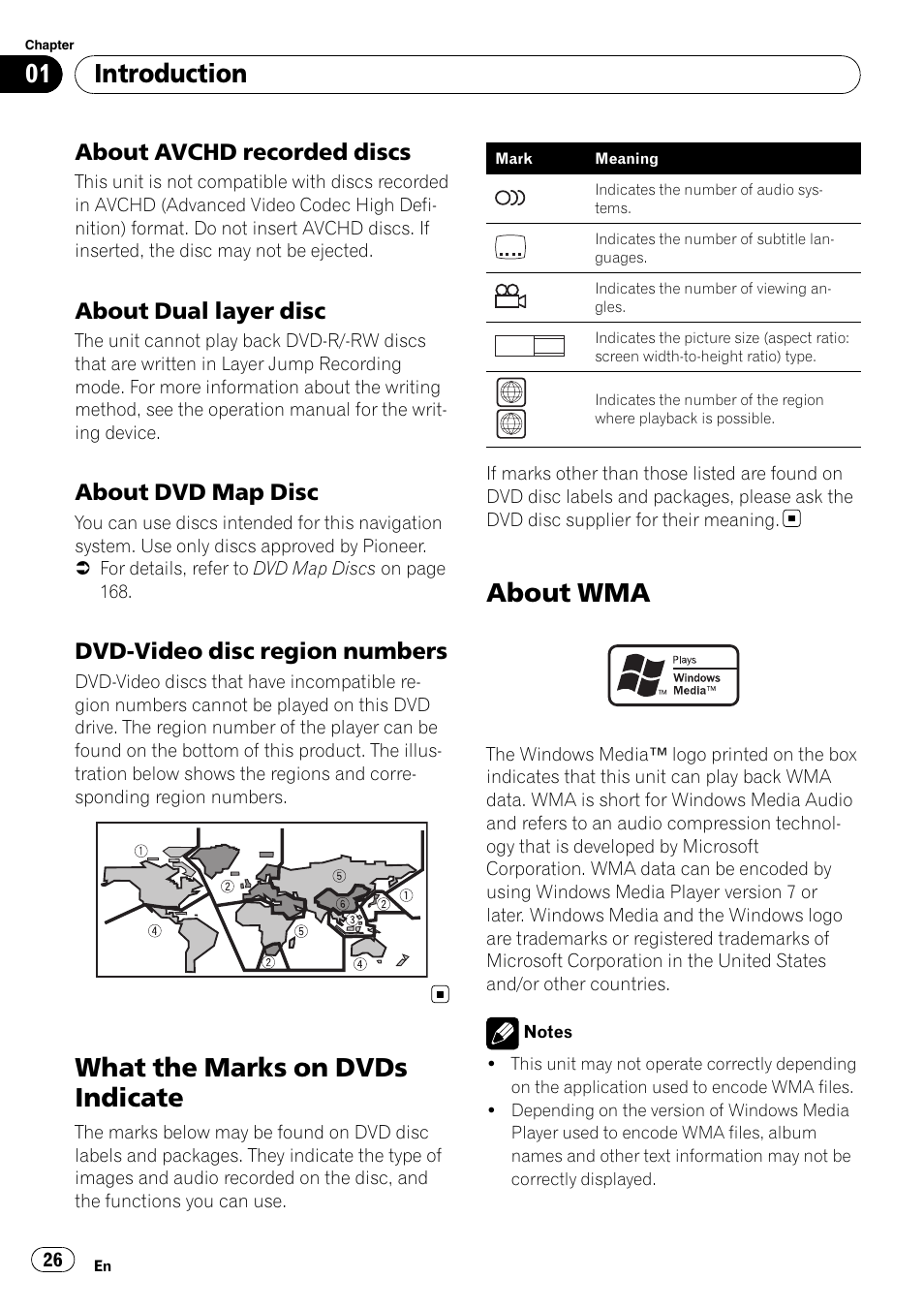 About avchd recorded discs 26, About dual layer disc 26, About dvd map disc 26 | Dvd-video disc region numbers 26, What the marks on dvds indicate, About wma, Introduction, About avchd recorded discs, About dual layer disc, About dvd map disc | Pioneer SUPERTUNERD AVIC-N5 User Manual | Page 26 / 188