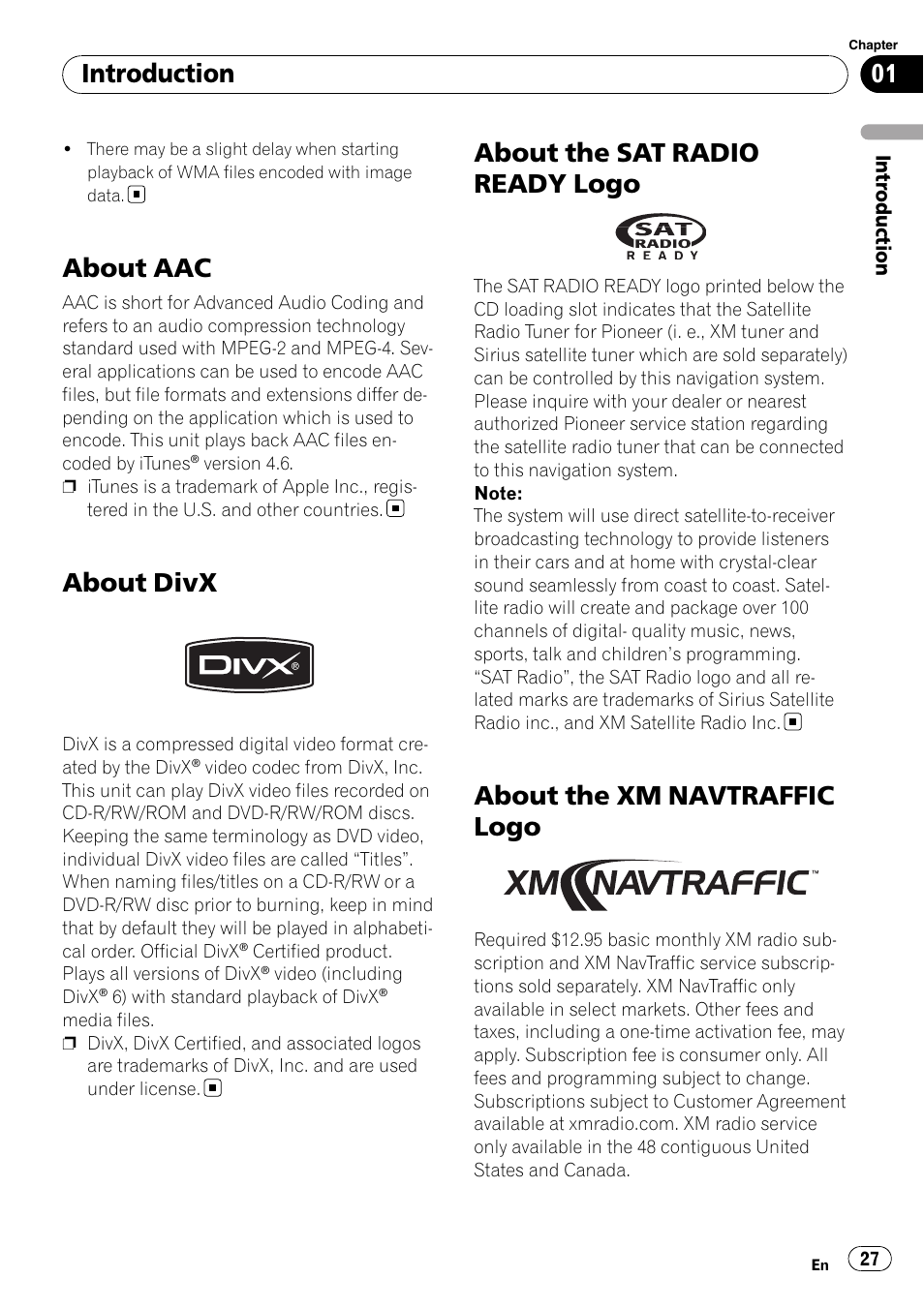 About aac, About divx, About the sat radio ready logo | About the xm navtraffic logo, Introduction | Pioneer SUPERTUNERD AVIC-N5 User Manual | Page 27 / 188