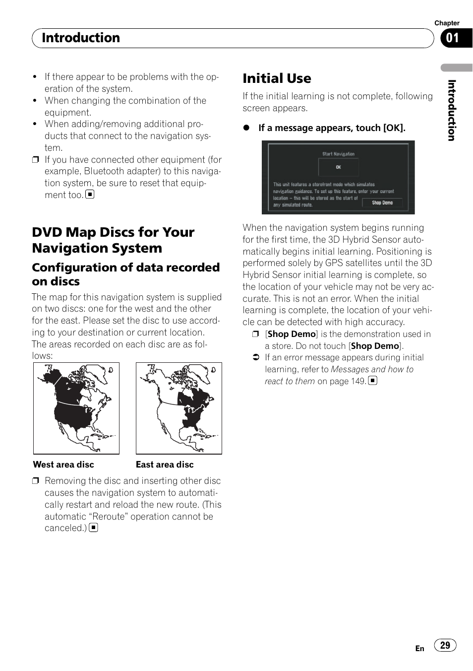 Dvd map discs for your navigation, System, Configuration of data recorded on | Discs, Initial use, Dvd map discs for your navigation system, Introduction | Pioneer SUPERTUNERD AVIC-N5 User Manual | Page 29 / 188