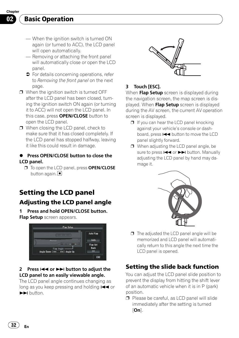 Setting the lcd panel, Adjusting the lcd panel angle 32, Setting the slide back function 32 | Basic operation, Adjusting the lcd panel angle, Setting the slide back function | Pioneer SUPERTUNERD AVIC-N5 User Manual | Page 32 / 188