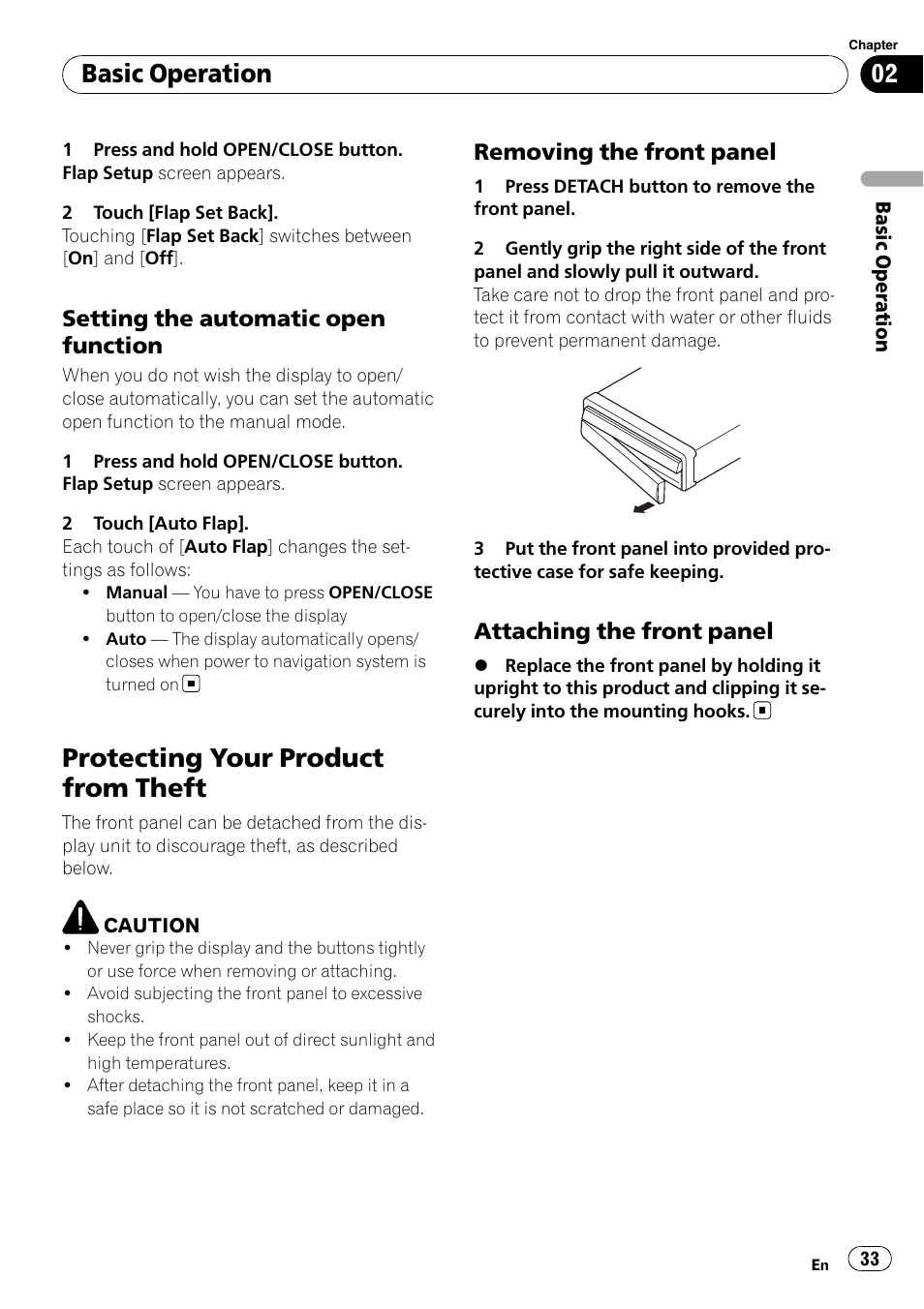 Setting the automatic open, Function, Protecting your product from theft | Removing the front panel 33, Attaching the front panel 33, Basic operation, Setting the automatic open function, Removing the front panel, Attaching the front panel | Pioneer SUPERTUNERD AVIC-N5 User Manual | Page 33 / 188