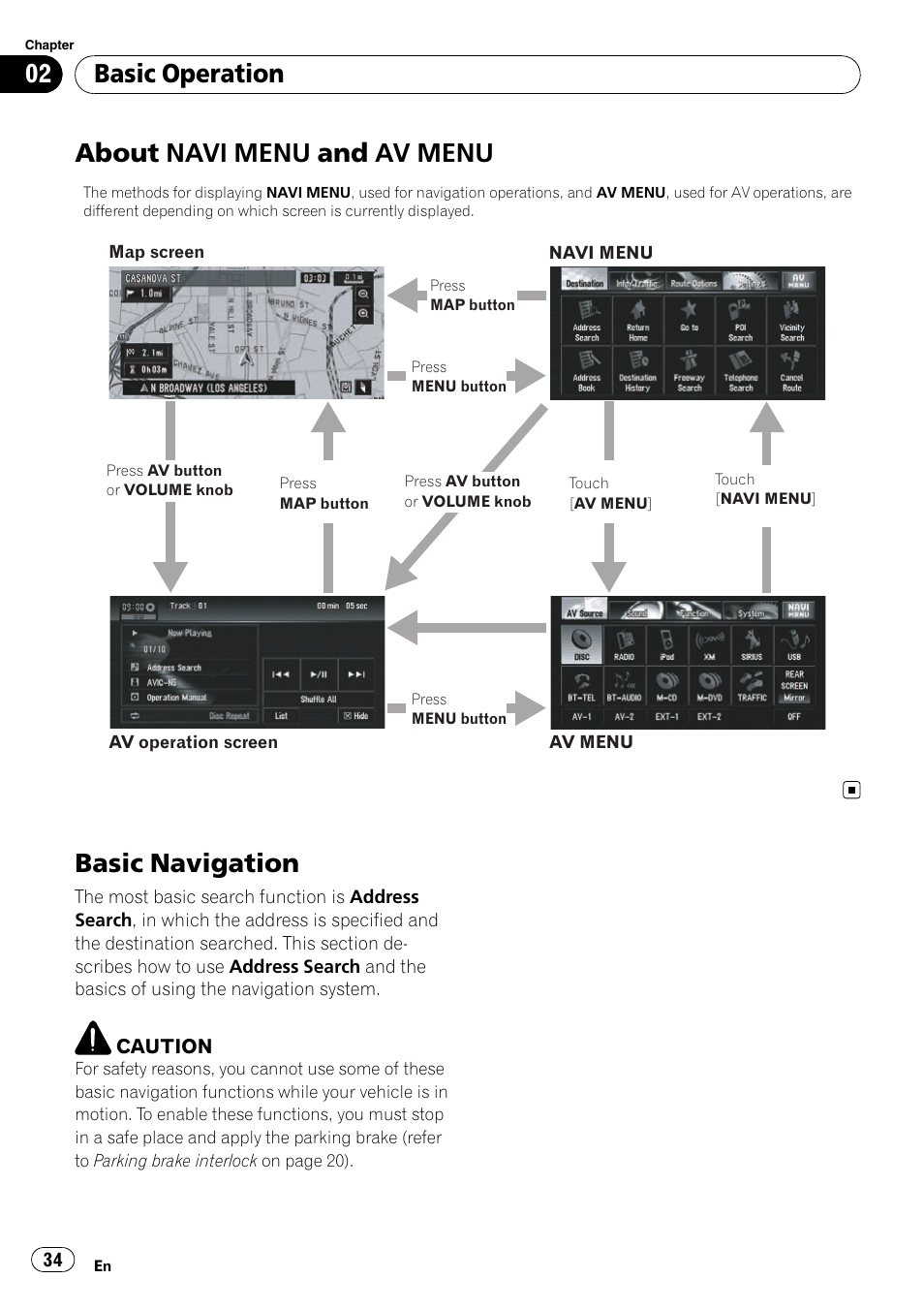 About navi menu and av menu, Basic navigation, Basic operation | Pioneer SUPERTUNERD AVIC-N5 User Manual | Page 34 / 188