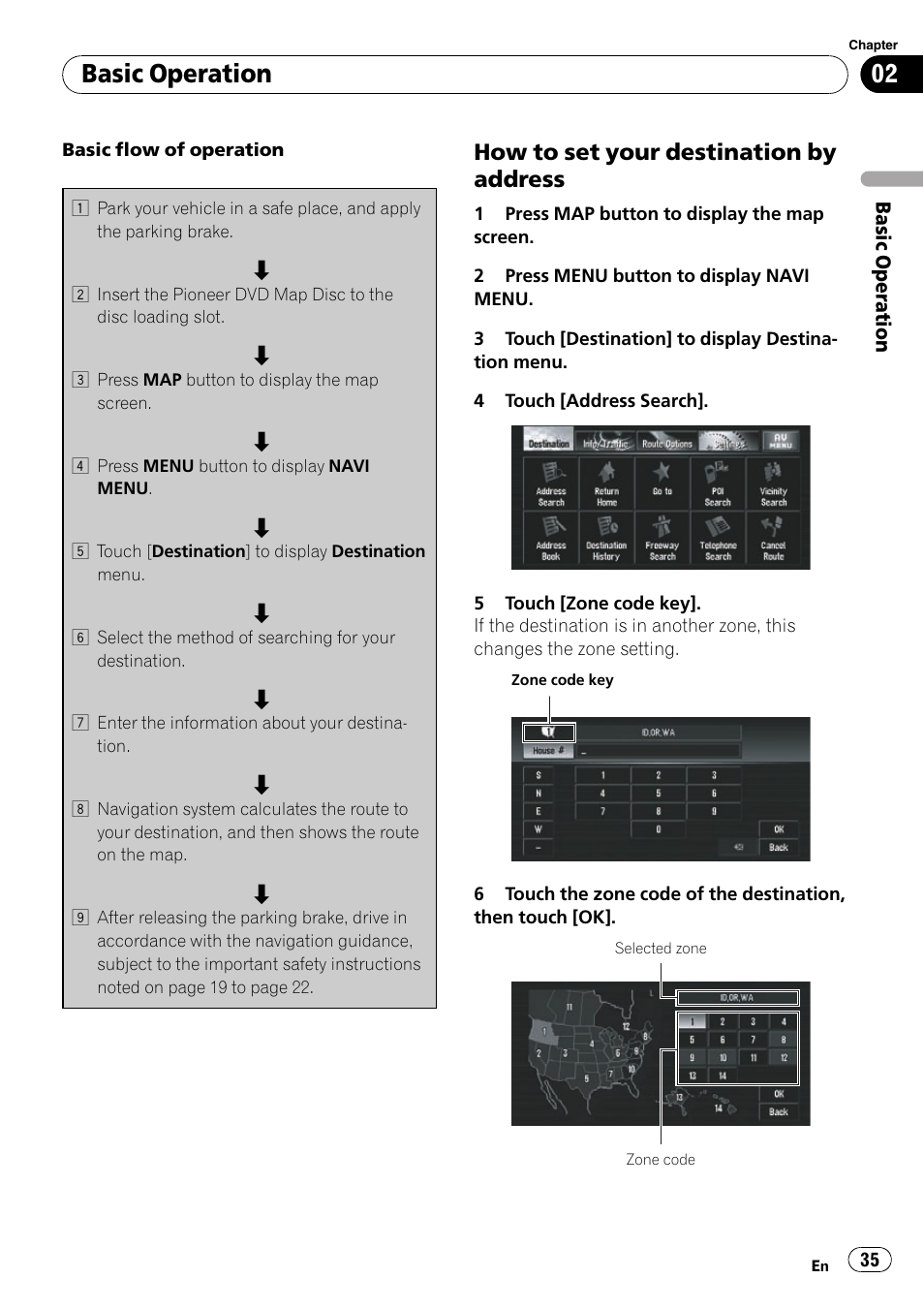 How to set your destination by, Address, Basic operation | How to set your destination by address | Pioneer SUPERTUNERD AVIC-N5 User Manual | Page 35 / 188