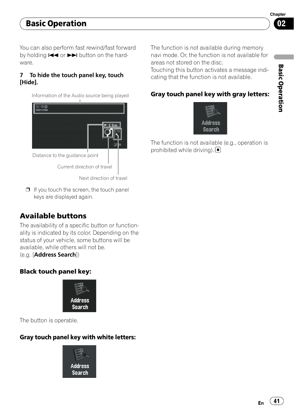 Available buttons 41, Basic operation, Available buttons | Pioneer SUPERTUNERD AVIC-N5 User Manual | Page 41 / 188