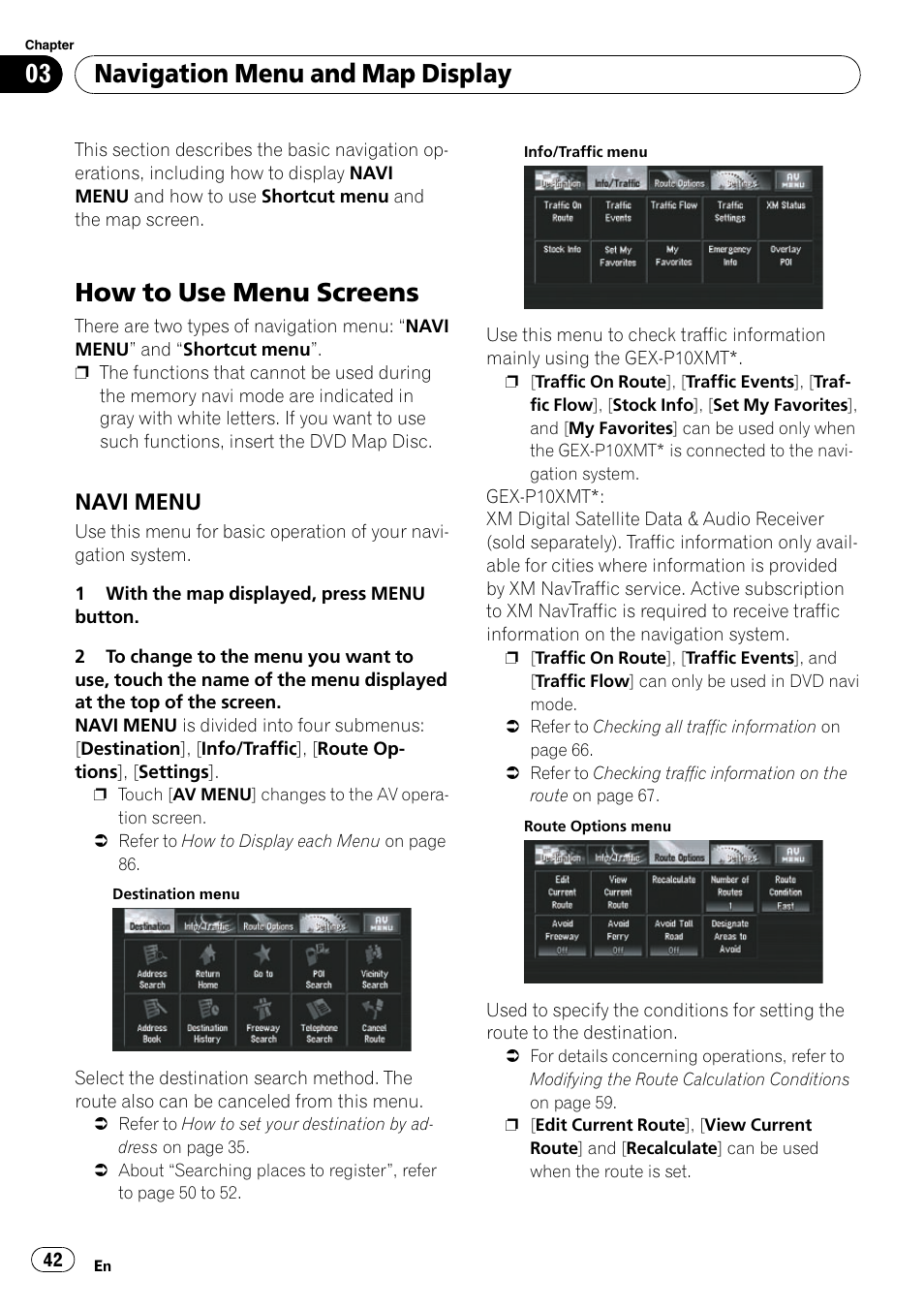 Navi menu 42, How to use menu screens, Navigation menu and map display | Navi menu | Pioneer SUPERTUNERD AVIC-N5 User Manual | Page 42 / 188