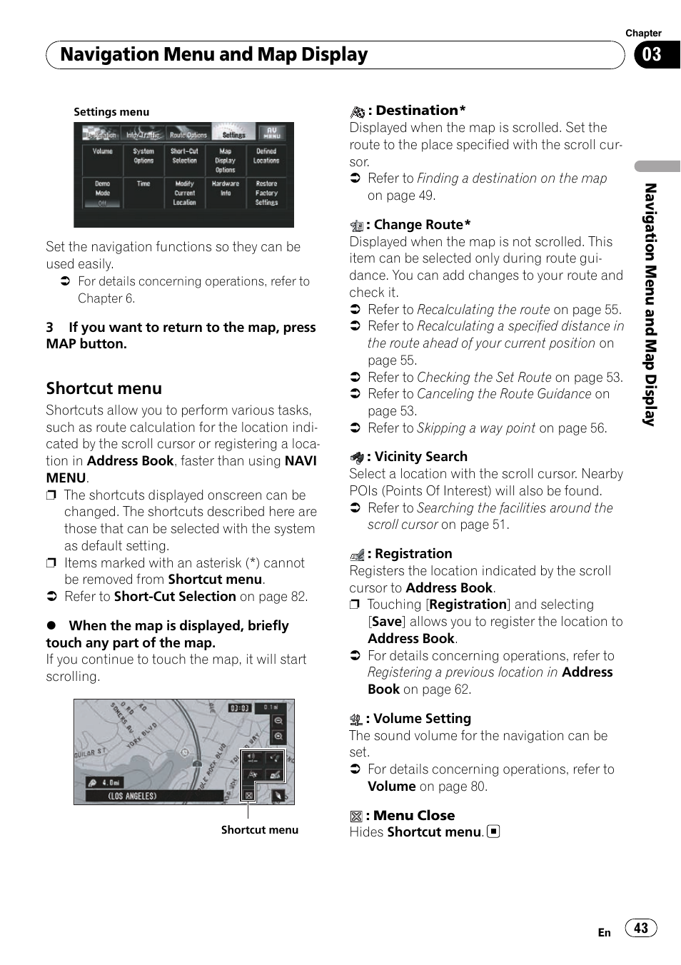 Shortcut menu 43, Navigation menu and map display, Shortcut menu | Pioneer SUPERTUNERD AVIC-N5 User Manual | Page 43 / 188