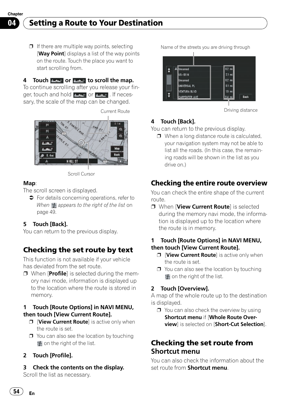 Checking the set route by text 54, Checking the entire route overview 54, Checking the set route from shortcut | Menu, Setting a route to your destination, Checking the set route by text, Checking the entire route overview, Checking the set route from shortcut menu | Pioneer SUPERTUNERD AVIC-N5 User Manual | Page 54 / 188