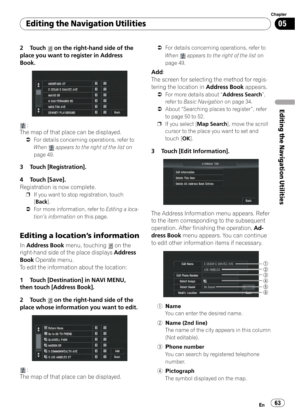 Editing a location’s information 63, Editing the navigation utilities, Editing a location ’s information | Pioneer SUPERTUNERD AVIC-N5 User Manual | Page 63 / 188