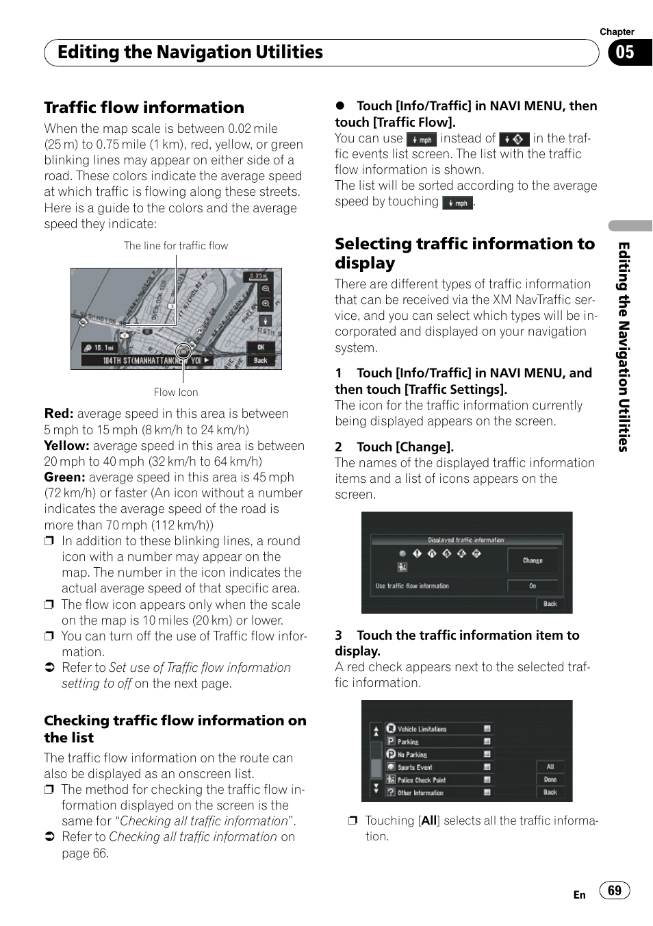 Traffic flow information 69, Selecting traffic information to, Display | Editing the navigation utilities, Traffic flow information, Selecting traffic information to display | Pioneer SUPERTUNERD AVIC-N5 User Manual | Page 69 / 188