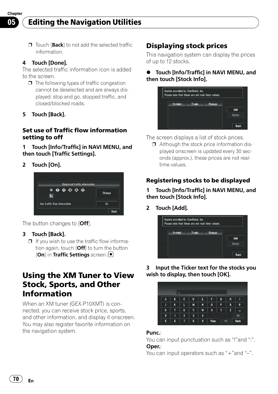 Using the xm tuner to view stock, sports, And other information, Displaying stock prices 70 | Set use of traffic flow information, Editing the navigation utilities, Displaying stock prices | Pioneer SUPERTUNERD AVIC-N5 User Manual | Page 70 / 188