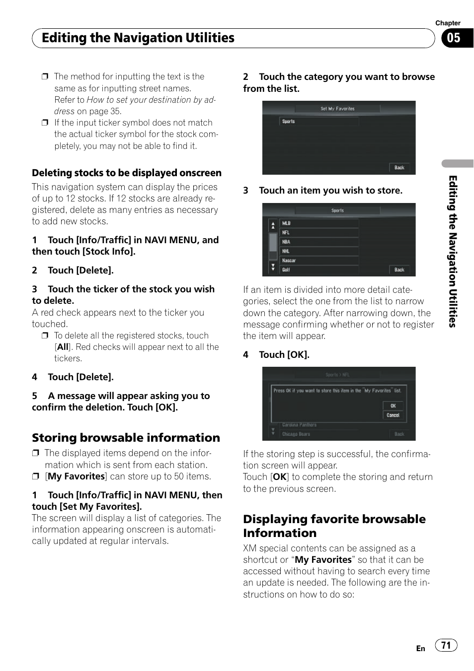 Storing browsable information 71, Displaying favorite browsable, Information | Editing the navigation utilities, Storing browsable information, Displaying favorite browsable information | Pioneer SUPERTUNERD AVIC-N5 User Manual | Page 71 / 188