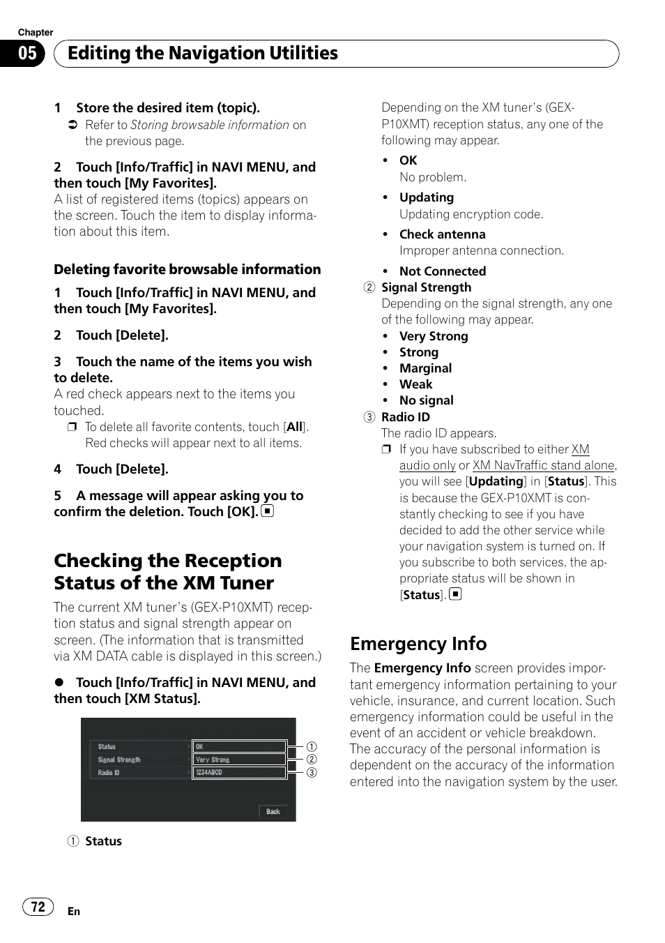 Checking the reception status of the xm, Tuner, Emergency info | Checking the reception status of the xm tuner, Editing the navigation utilities | Pioneer SUPERTUNERD AVIC-N5 User Manual | Page 72 / 188