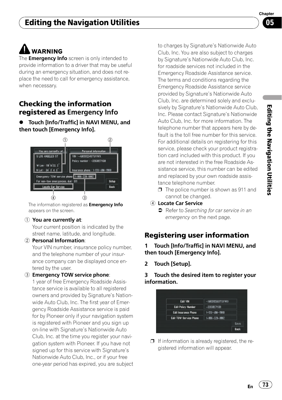 Checking the information registered as, Emergency info, Registering user information 73 | Editing the navigation utilities, Registering user information | Pioneer SUPERTUNERD AVIC-N5 User Manual | Page 73 / 188