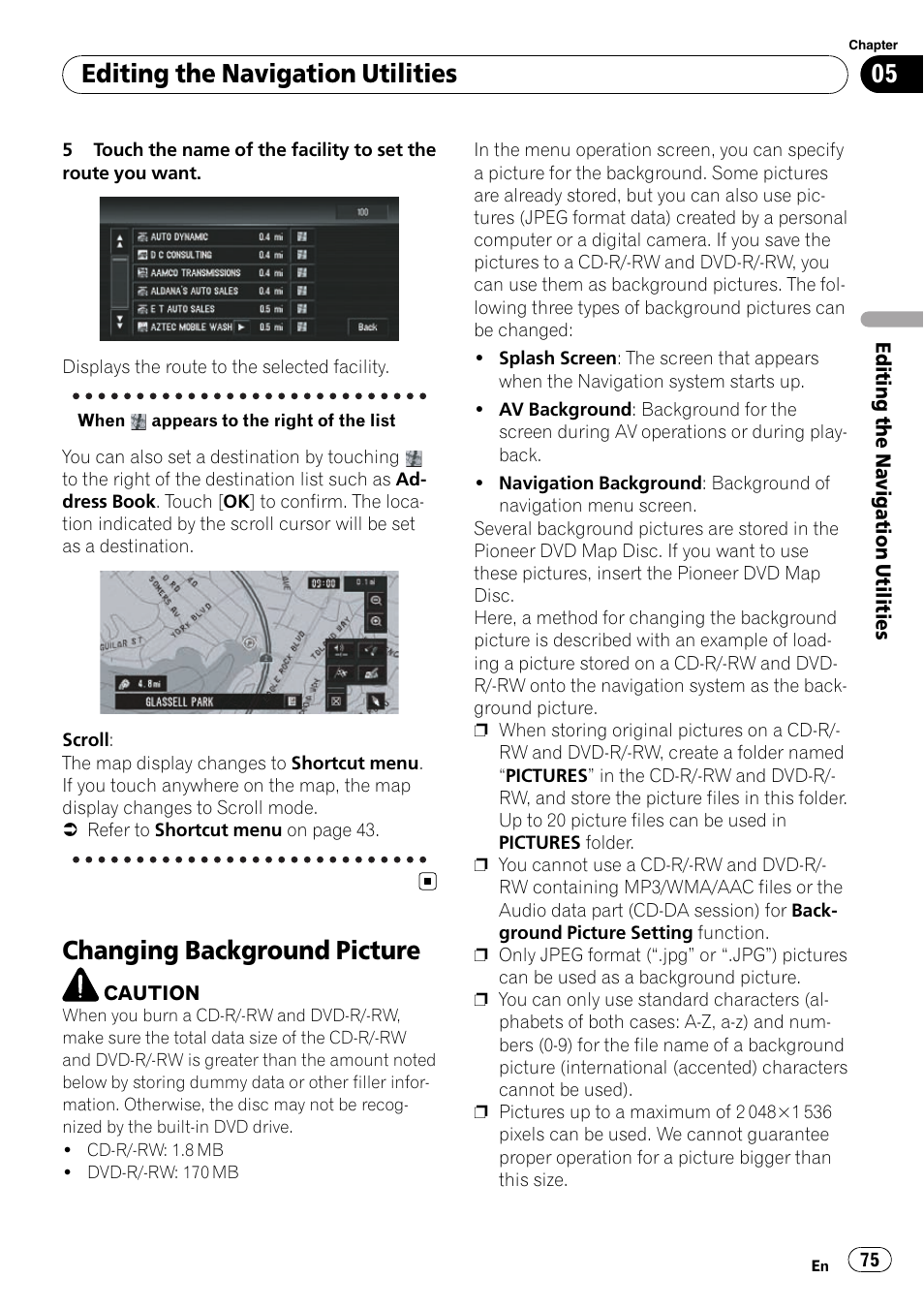 Changing background picture, Editing the navigation utilities | Pioneer SUPERTUNERD AVIC-N5 User Manual | Page 75 / 188