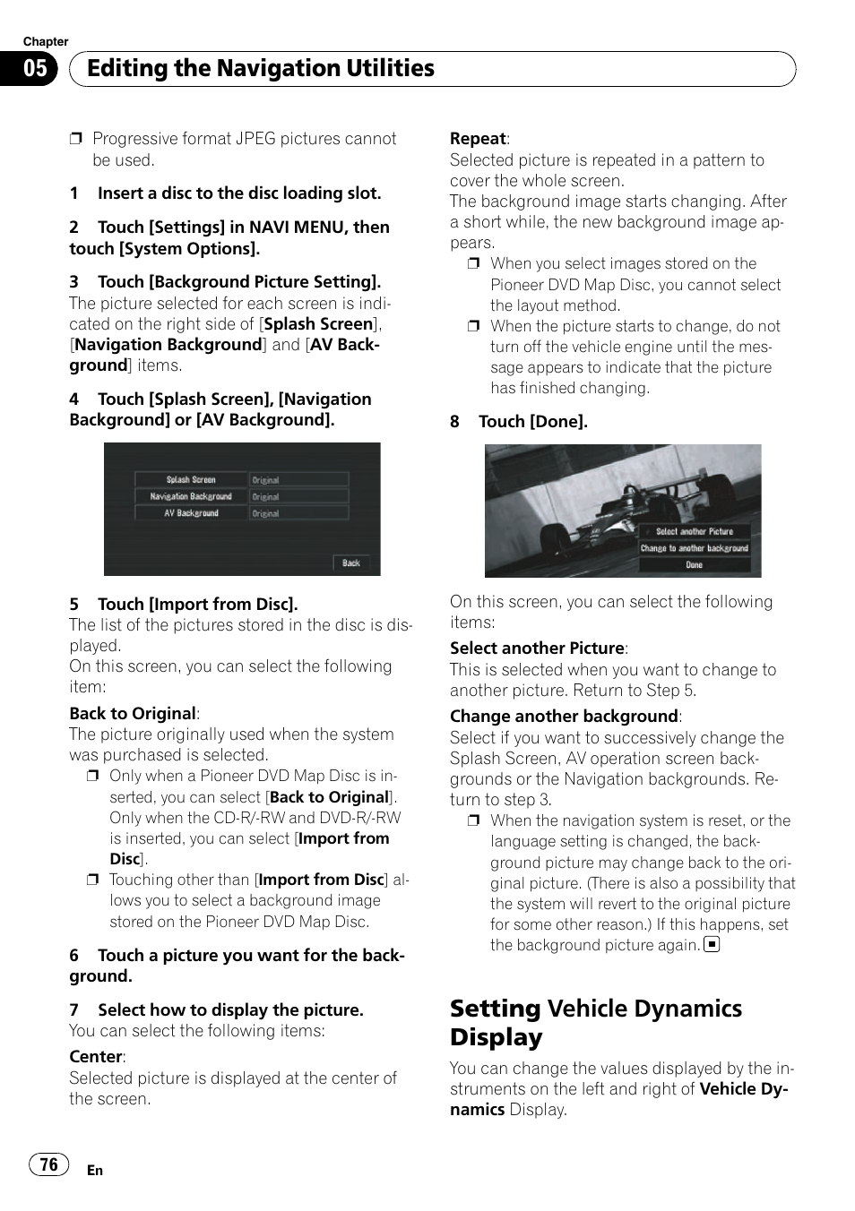 Setting vehicle dynamics display, Editing the navigation utilities | Pioneer SUPERTUNERD AVIC-N5 User Manual | Page 76 / 188