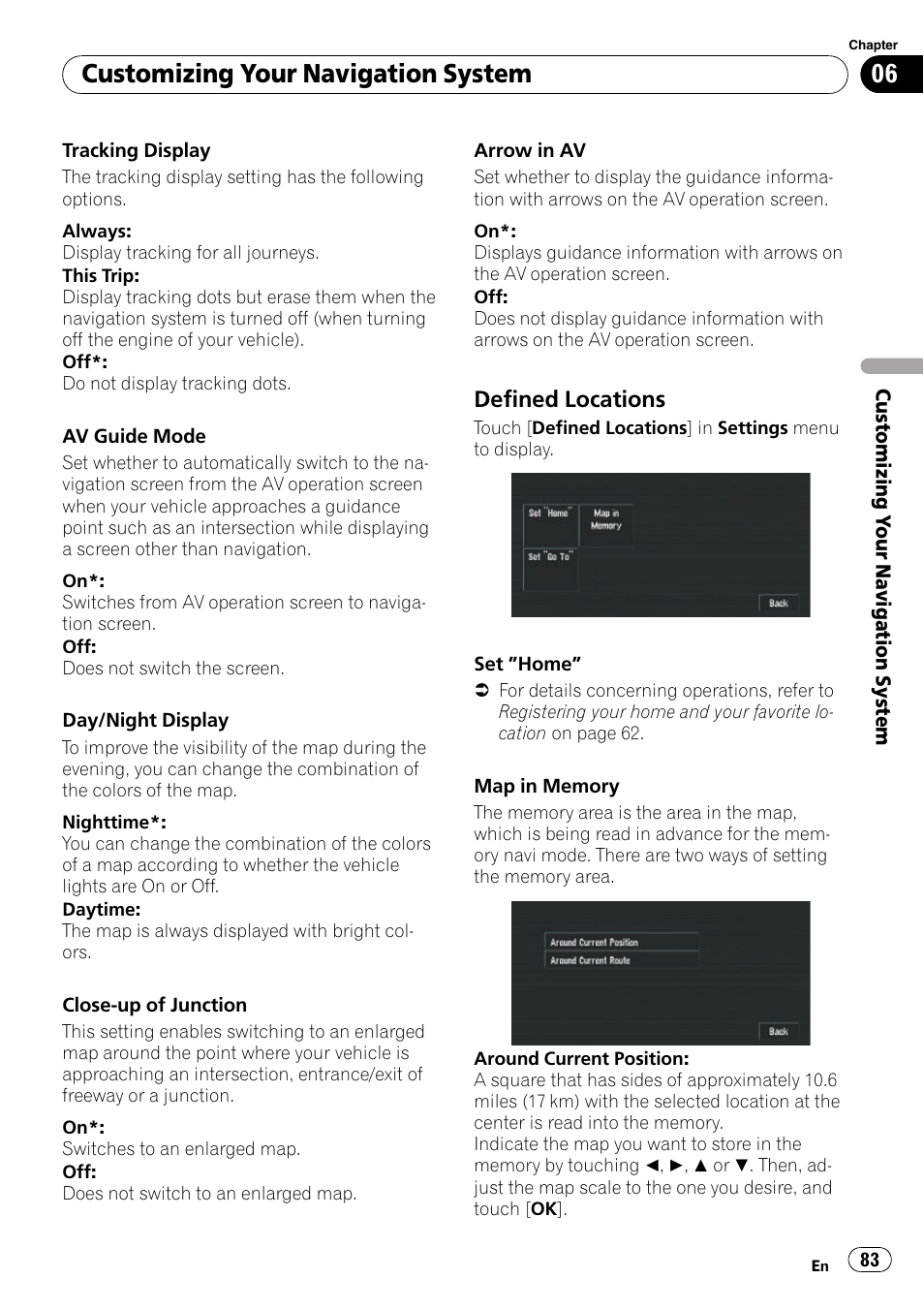 Defined locations 83, Tracking display on, Customizing your navigation system | Pioneer SUPERTUNERD AVIC-N5 User Manual | Page 83 / 188