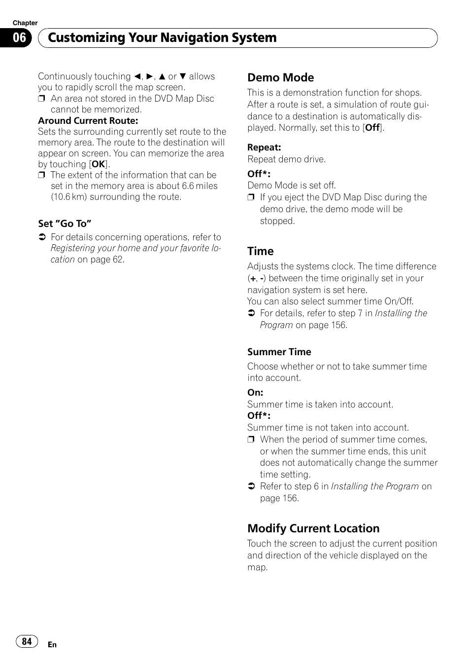 Demo mode 84, Time 84, Modify current location 84 | Customizing your navigation system | Pioneer SUPERTUNERD AVIC-N5 User Manual | Page 84 / 188