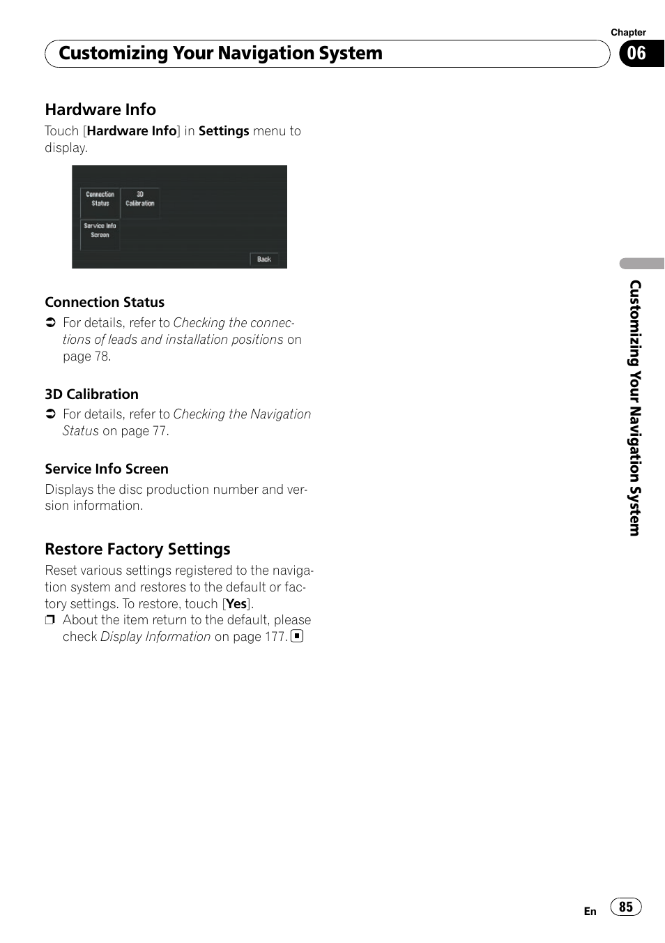 Hardware info 85, Restore factory settings 85, Customizing your navigation system | Pioneer SUPERTUNERD AVIC-N5 User Manual | Page 85 / 188