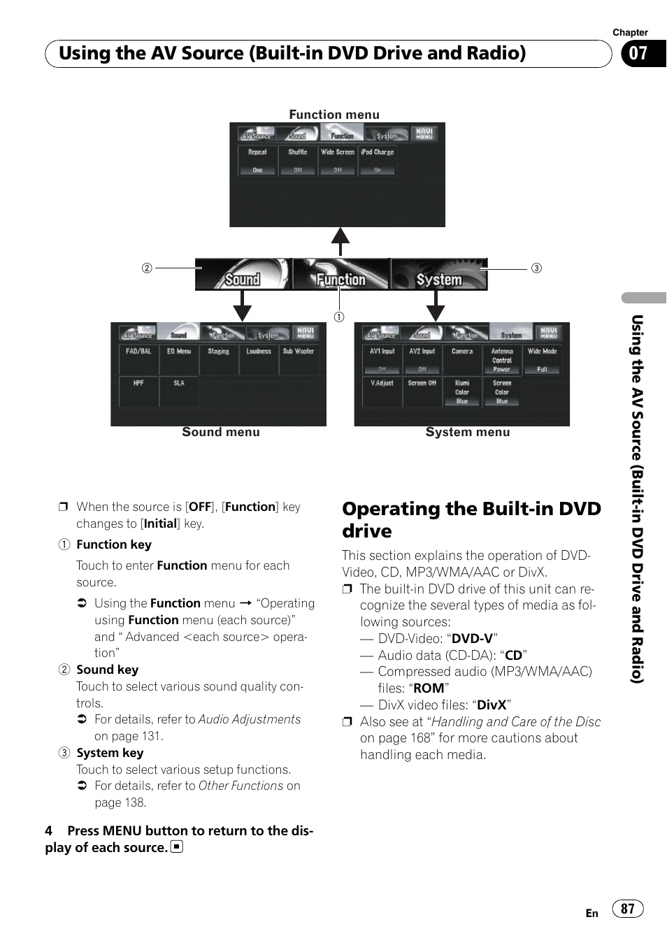 Operating the built-in dvd drive, Using the av source (built-in dvd drive and radio) | Pioneer SUPERTUNERD AVIC-N5 User Manual | Page 87 / 188