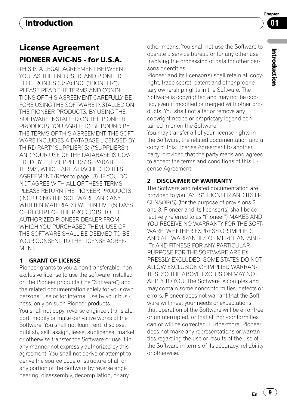 Introduction, License agreement, Pioneer avic-n5 - for u.s.a. 9 | Pioneer SUPERTUNERD AVIC-N5 User Manual | Page 9 / 188