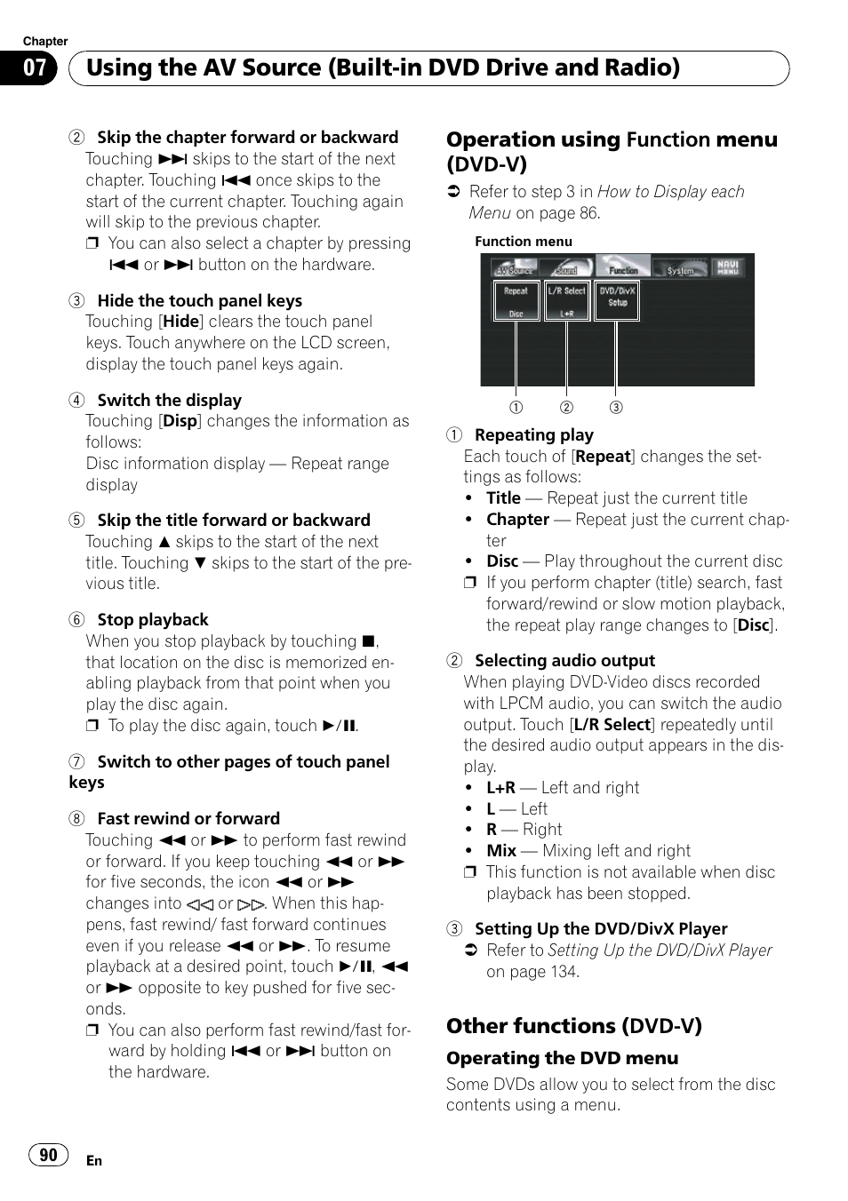 Operation using function menu (dvd, Other functions (dvd-v) 90, Using the av source (built-in dvd drive and radio) | Operation using function menu (dvd-v), Other functions (dvd-v) | Pioneer SUPERTUNERD AVIC-N5 User Manual | Page 90 / 188