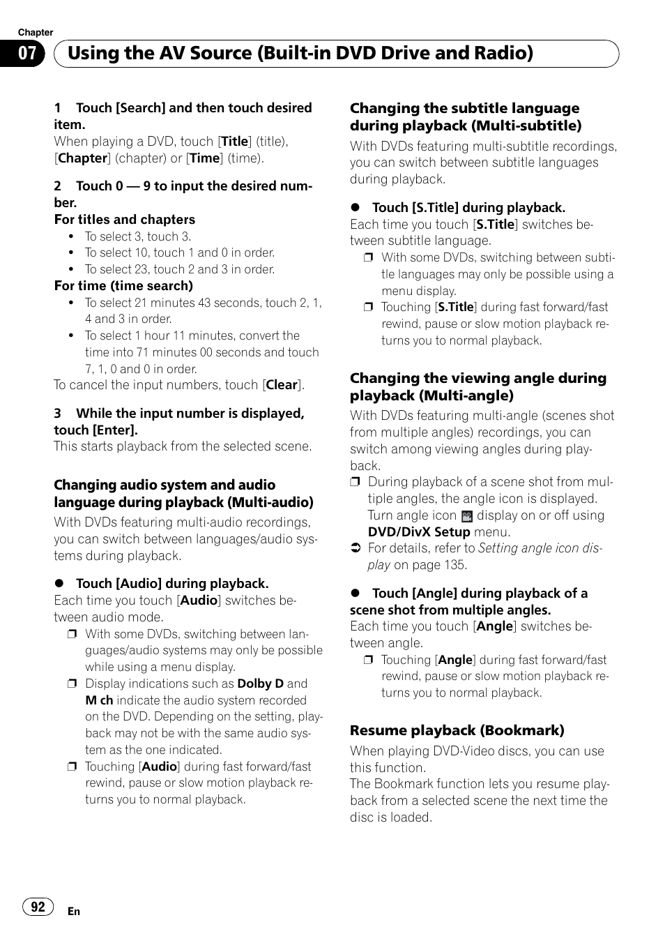 Using the av source (built-in dvd drive and radio) | Pioneer SUPERTUNERD AVIC-N5 User Manual | Page 92 / 188