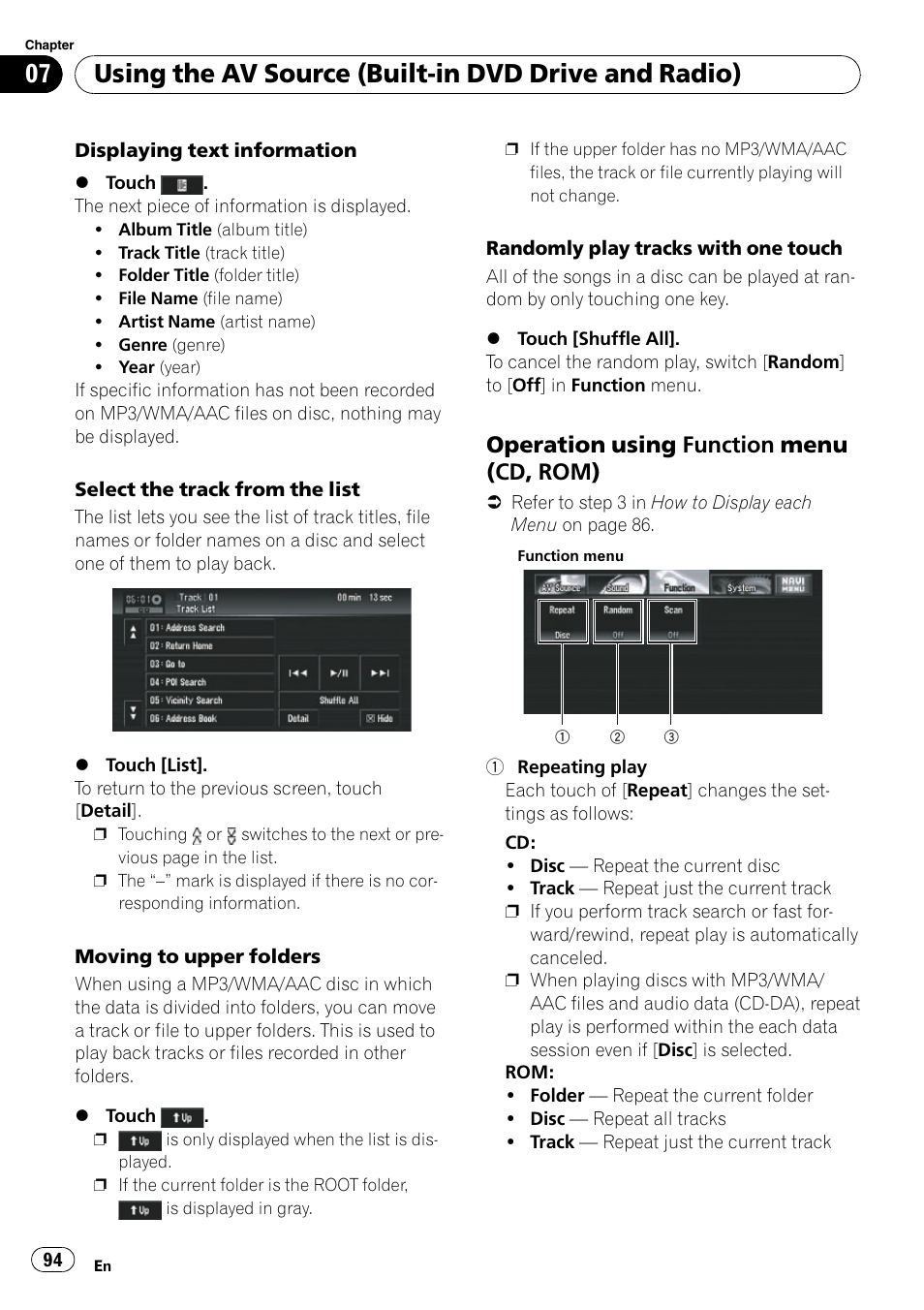 Operation using function menu (cd, Rom), Using the av source (built-in dvd drive and radio) | Operation using function menu (cd, rom) | Pioneer SUPERTUNERD AVIC-N5 User Manual | Page 94 / 188