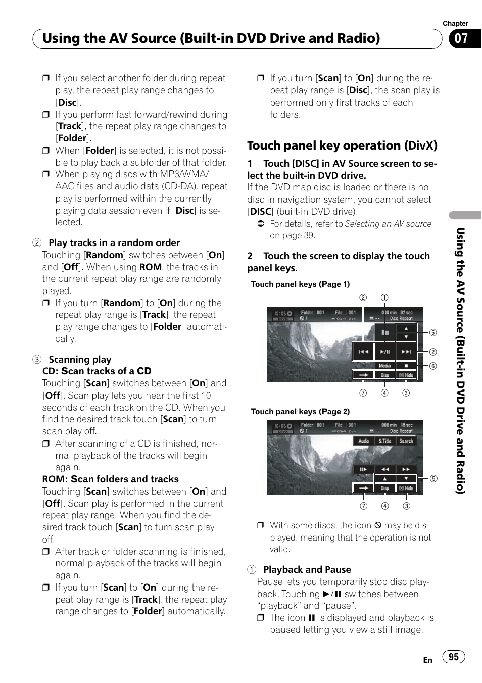 Touch panel key operation (divx) 95, Touch panel key operation (divx), Using the av source (built-in dvd drive and radio) | Pioneer SUPERTUNERD AVIC-N5 User Manual | Page 95 / 188