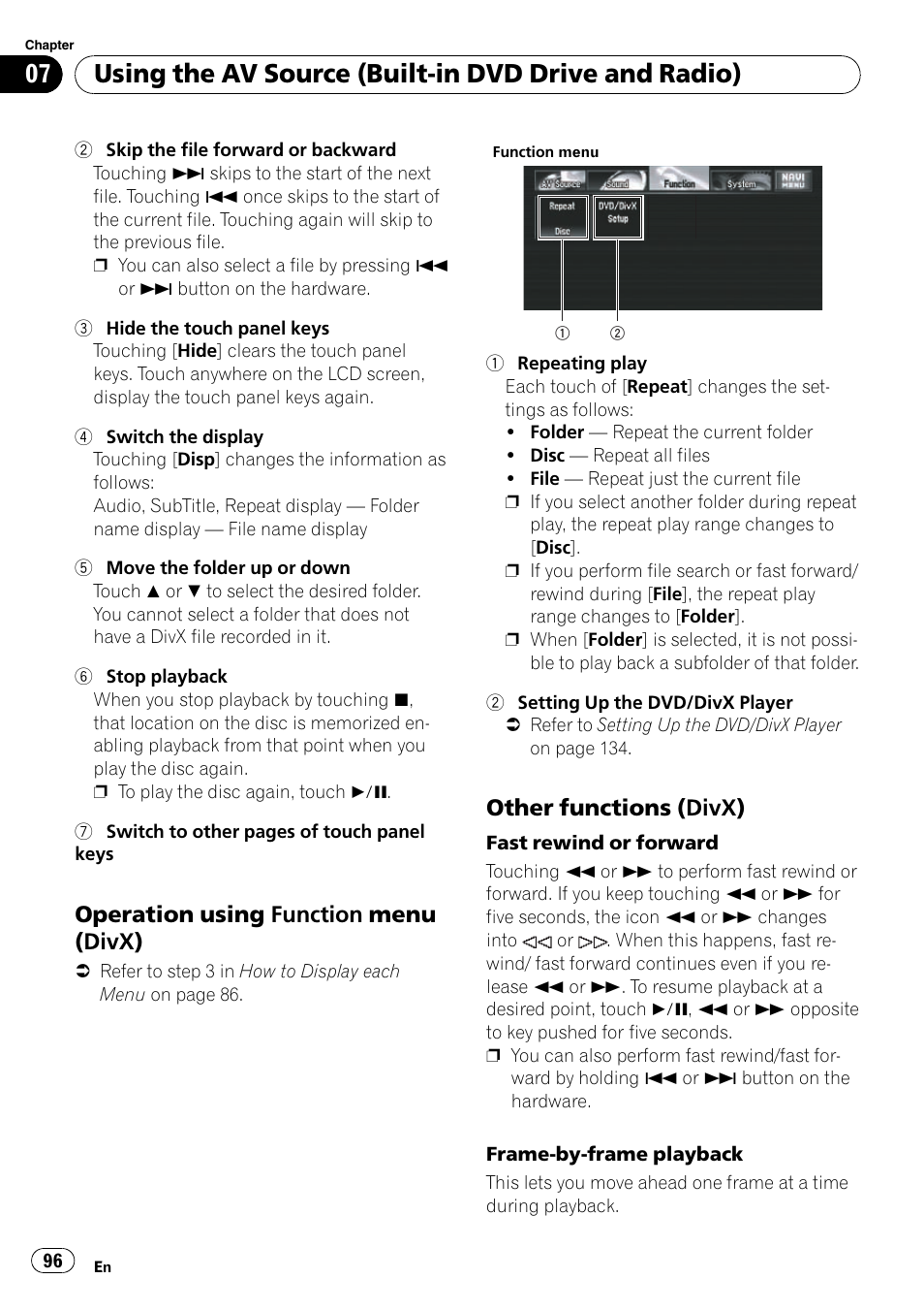 Operation using function menu, Divx), Other functions (divx) 96 | Using the av source (built-in dvd drive and radio), Operation using function menu (divx), Other functions (divx) | Pioneer SUPERTUNERD AVIC-N5 User Manual | Page 96 / 188