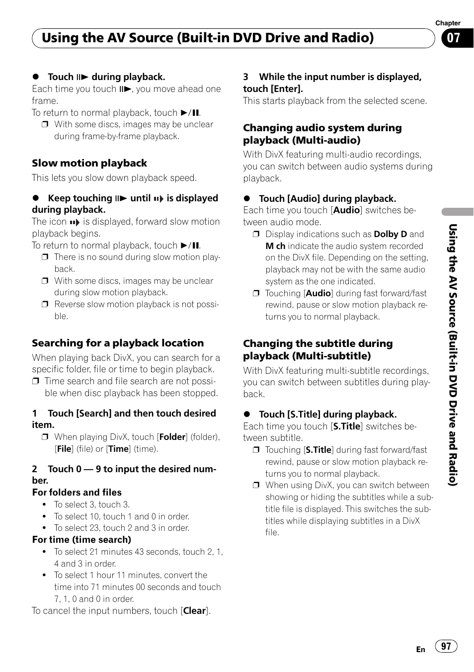 Using the av source (built-in dvd drive and radio) | Pioneer SUPERTUNERD AVIC-N5 User Manual | Page 97 / 188