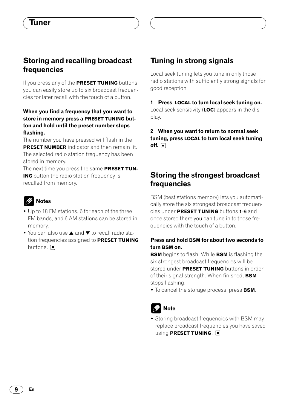 Storing and recalling broadcast, Frequencies 9, Tuner | Storing and recalling broadcast frequencies, Tuning in strong signals, Storing the strongest broadcast frequencies | Pioneer DEH-3400 User Manual | Page 10 / 56