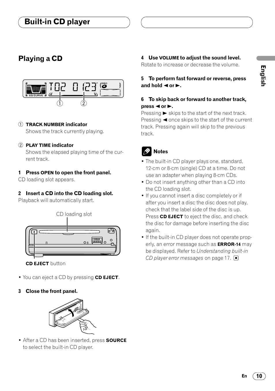 Built-in cd player, Playing a cd 10, Playing a cd | Pioneer DEH-3400 User Manual | Page 11 / 56