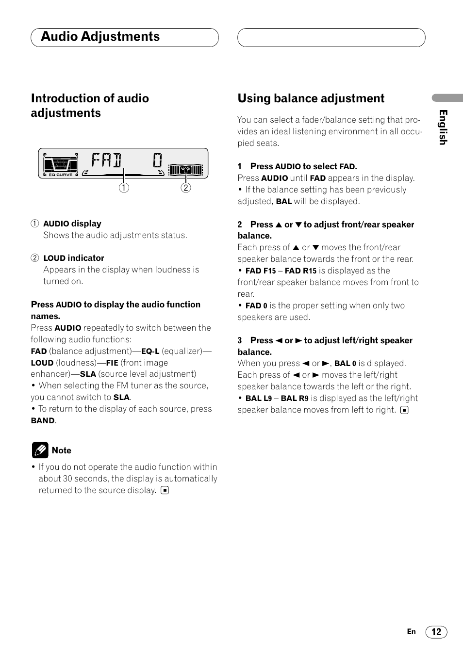 Audio adjustments, Introduction of audio adjustments, Using balance adjustment | Pioneer DEH-3400 User Manual | Page 13 / 56