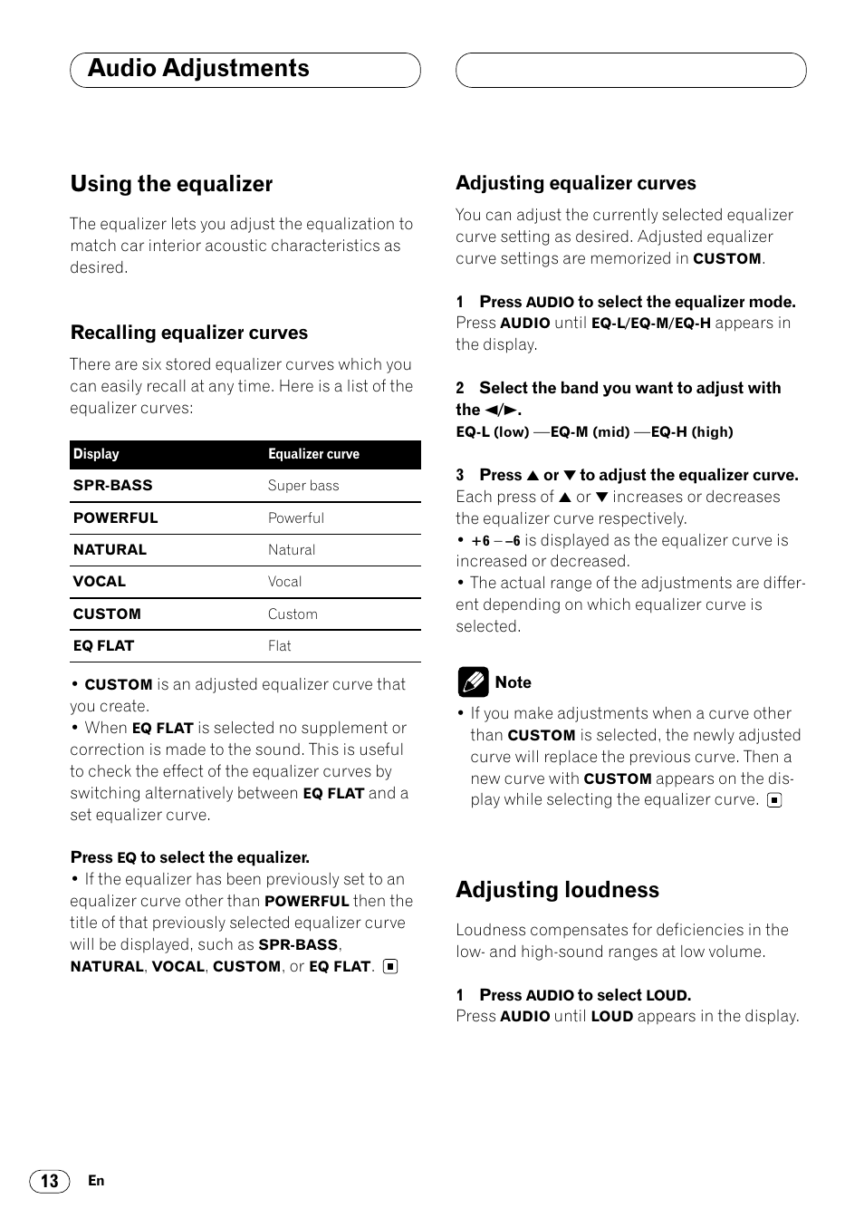 Using the equalizer 13, Adjusting loudness 13, Audio adjustments | Using the equalizer, Adjusting loudness, Recalling equalizer curves, Adjusting equalizer curves | Pioneer DEH-3400 User Manual | Page 14 / 56