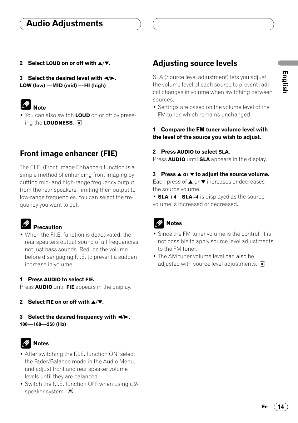 Audio adjustments, Front image enhancer (fie), Adjusting source levels | Pioneer DEH-3400 User Manual | Page 15 / 56