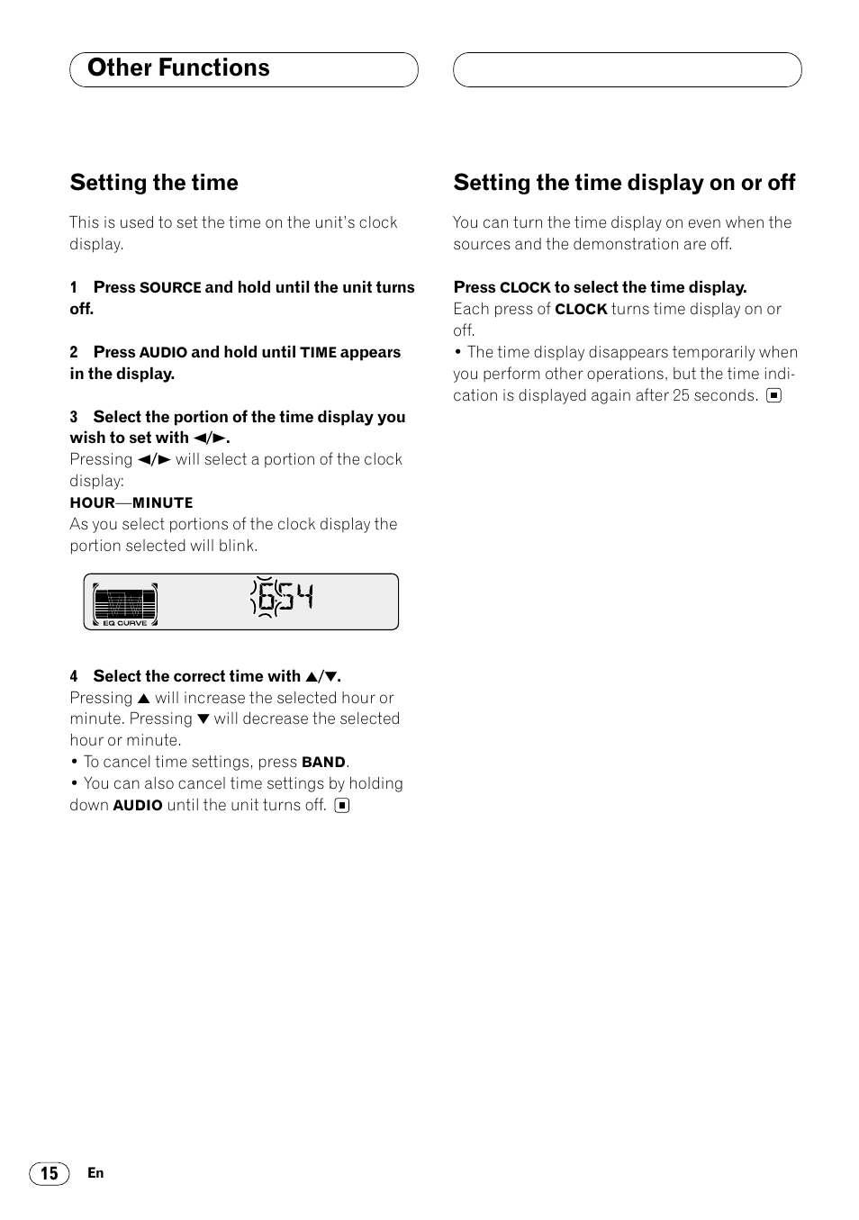 Other functions, Setting the time, Setting the time display on or off | Pioneer DEH-3400 User Manual | Page 16 / 56