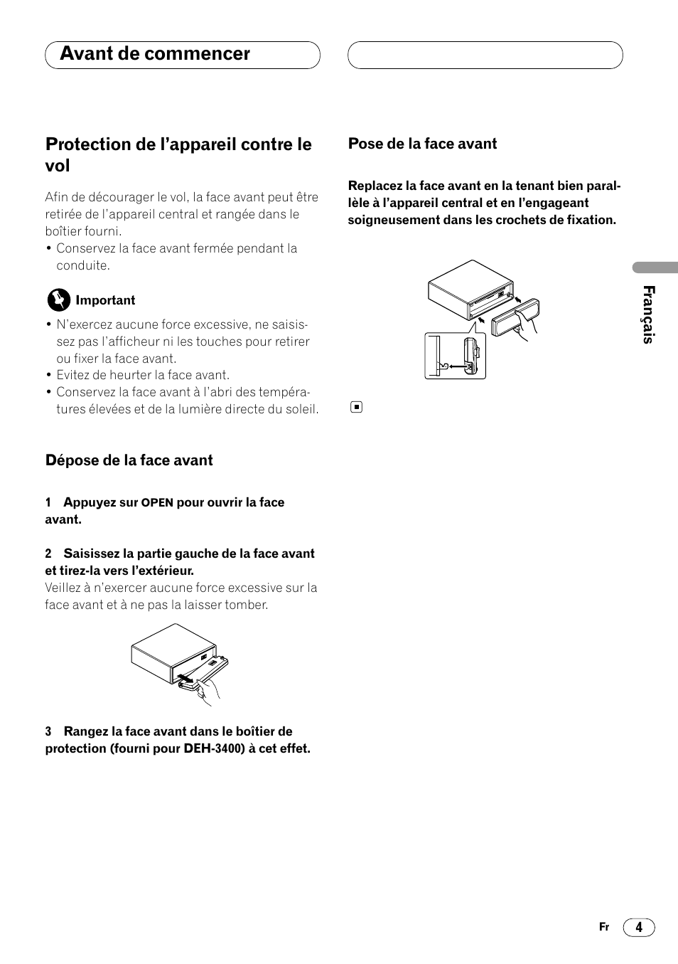 Protection de l’appareil contre le vol 4, Avant de commencer, Protection de l’appareil contre le vol | Pioneer DEH-3400 User Manual | Page 23 / 56