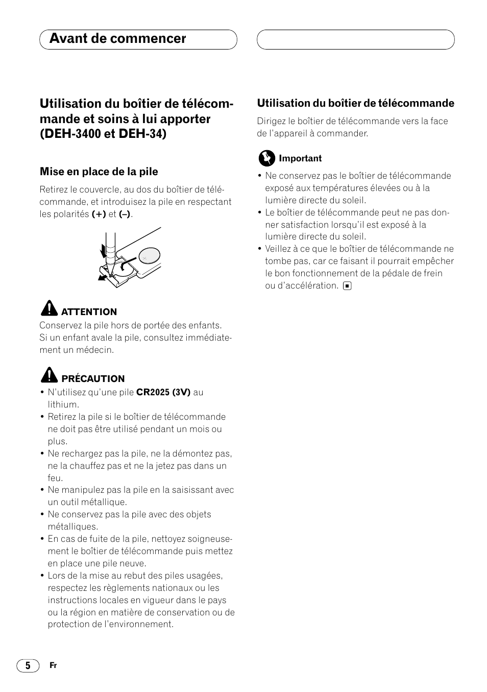 Utilisation du boîtier de télécommande et, Télécommande 5, Avant de commencer | Pioneer DEH-3400 User Manual | Page 24 / 56