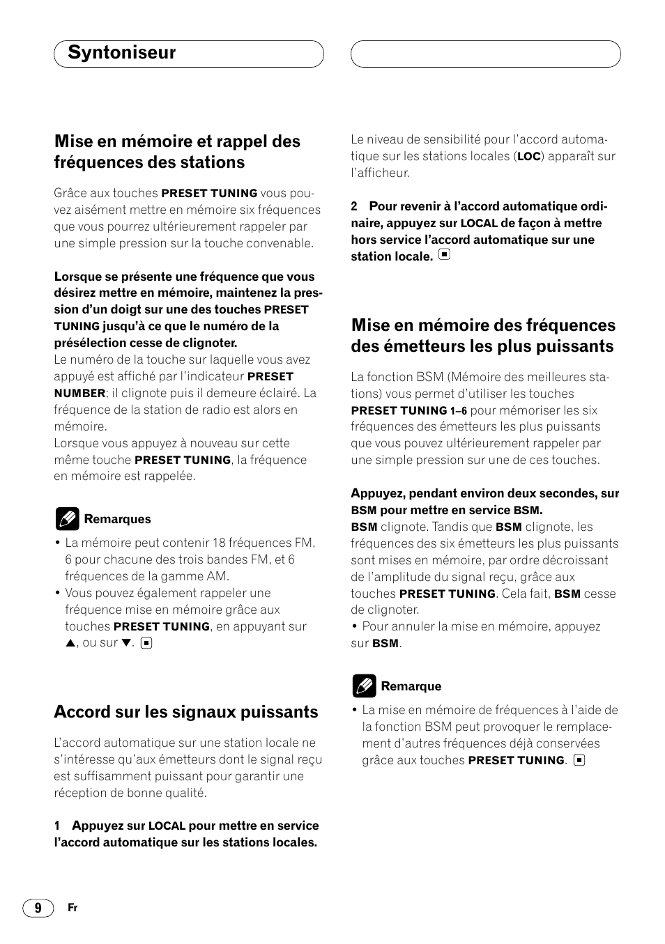 Mise en mémoire et rappel des fréquences, Des stations 9, Émetteurs les plus puissants 9 | Syntoniseur, Accord sur les signaux puissants | Pioneer DEH-3400 User Manual | Page 28 / 56