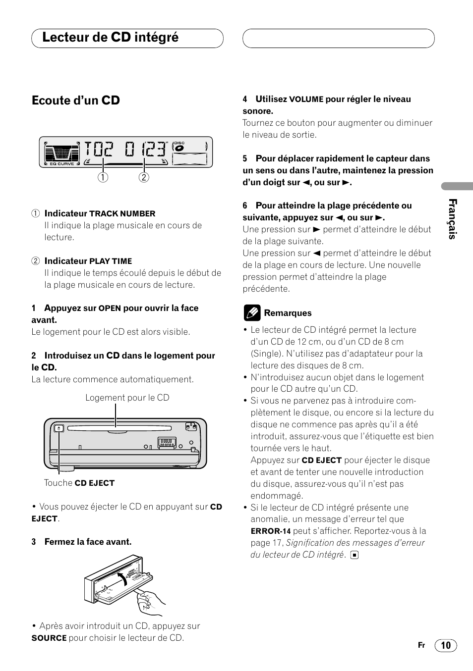 Lecteur de cd intégré, Ecoute d’un cd 10, Ecoute d’un cd | Pioneer DEH-3400 User Manual | Page 29 / 56