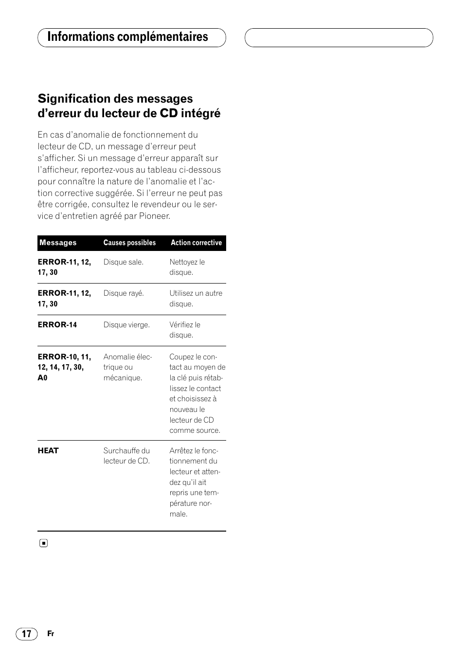 Signification des messages d’erreur du, Lecteur de cd intégré 17, Informations complémentaires | Pioneer DEH-3400 User Manual | Page 36 / 56
