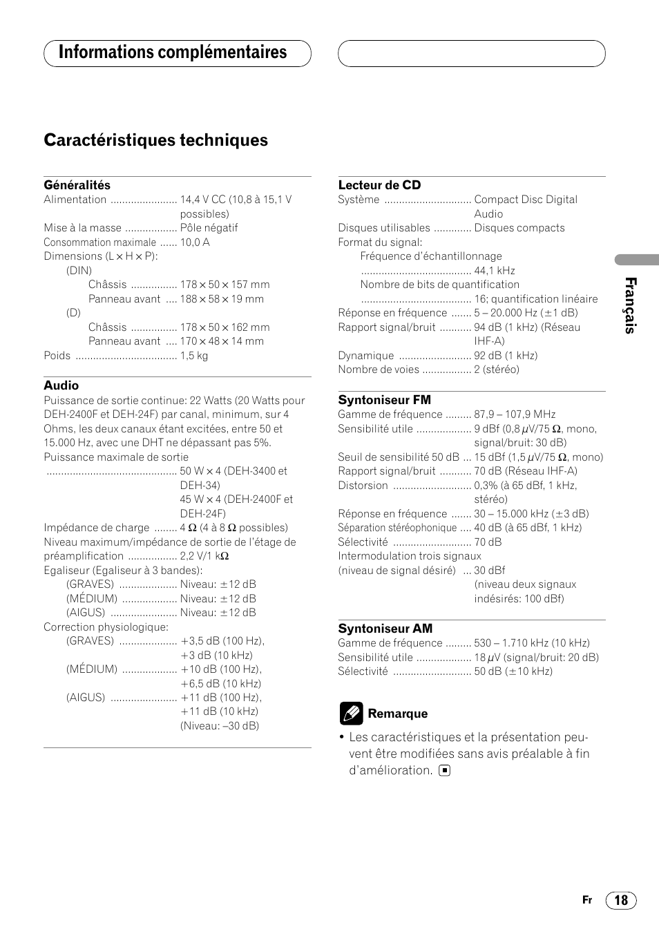 Caractéristiques techniques 18, Informations complémentaires, Caractéristiques techniques | English f rançais español | Pioneer DEH-3400 User Manual | Page 37 / 56