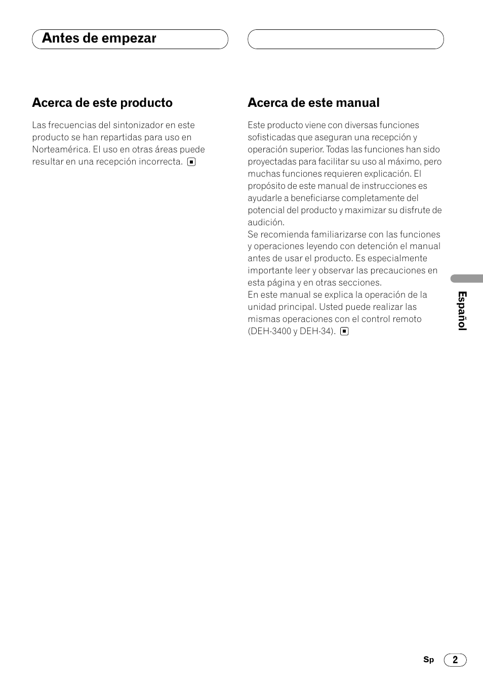 Antes de empezar, Acerca de este producto 2 acerca de este manual 2, Acerca de este producto | Acerca de este manual | Pioneer DEH-3400 User Manual | Page 39 / 56