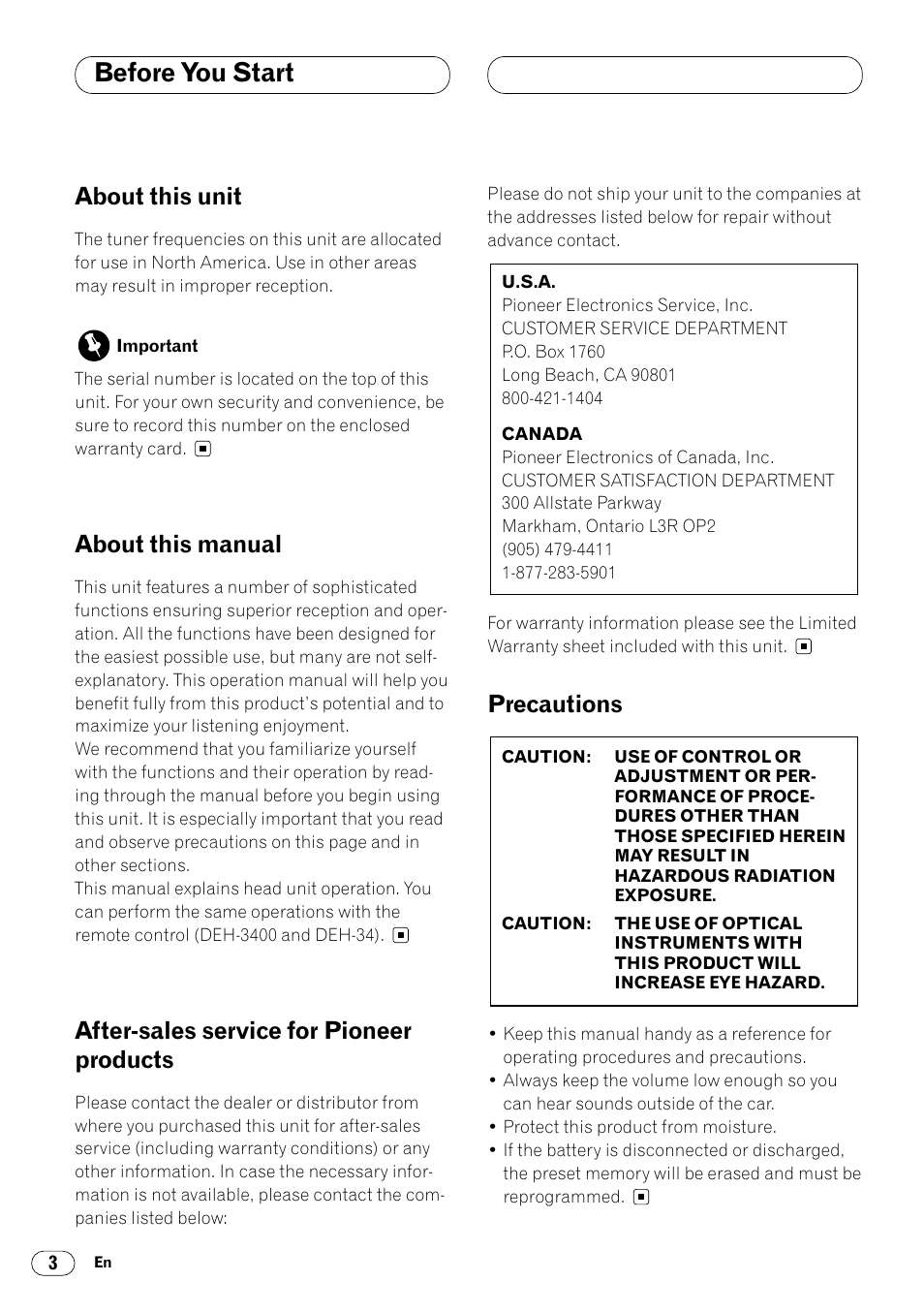 Before you start, About this unit, About this manual | After-sales service for pioneer products, Precautions | Pioneer DEH-3400 User Manual | Page 4 / 56