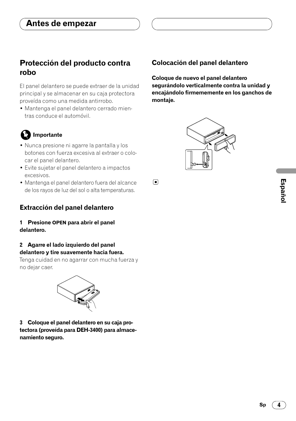 Protección del producto contra robo 4, Antes de empezar, Protección del producto contra robo | Pioneer DEH-3400 User Manual | Page 41 / 56