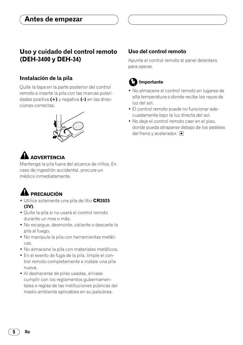 Uso y cuidado del control remoto, Antes de empezar | Pioneer DEH-3400 User Manual | Page 42 / 56
