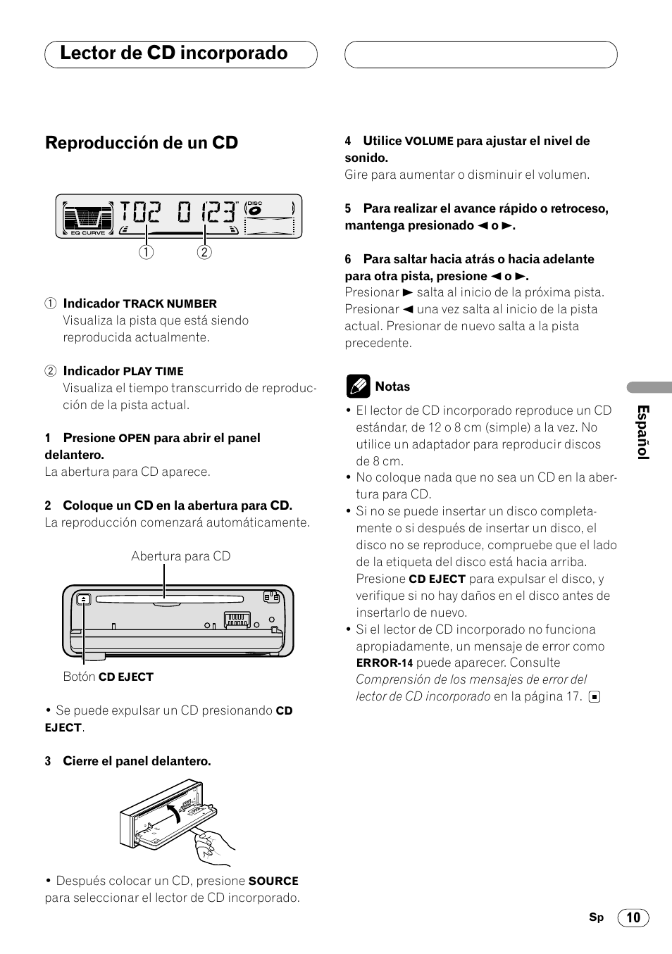 Lector de cd incorporado, Reproducción de un cd 10, Reproducción de un cd | Pioneer DEH-3400 User Manual | Page 47 / 56